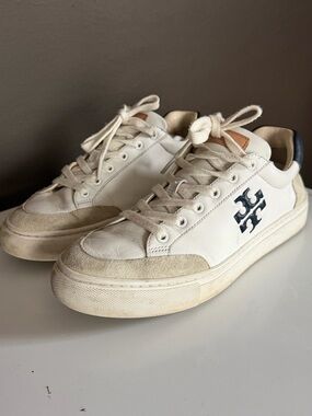 Tory Burch Cream and Navy Leather and Suede Low-Top Sneakers